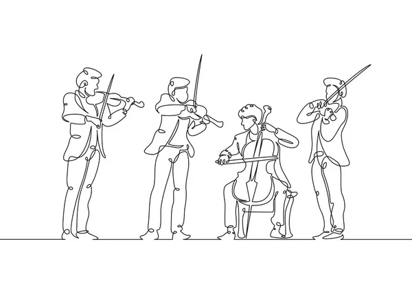 Línea dibujada cuarteto musical violín músicos — Vector de stock