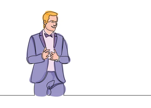 Una línea de dibujo hombre de negocios hablando en la presentación . — Vector de stock