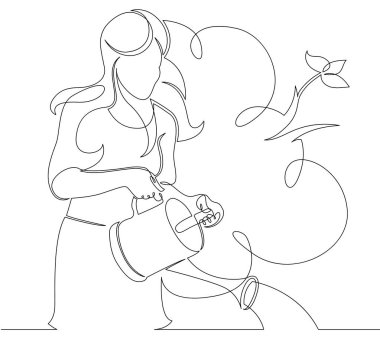  sürekli tek çizilmiş çizgi sanat doodle çiçek, kız, bitki, su