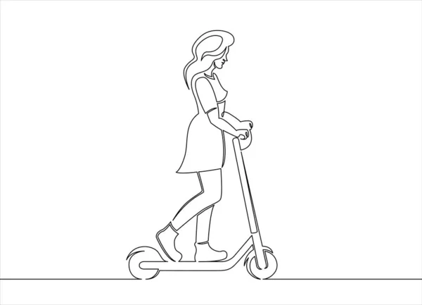Ciągłe pojedyncze rysowane linia sztuki Doodle Girl, Scooter — Wektor stockowy