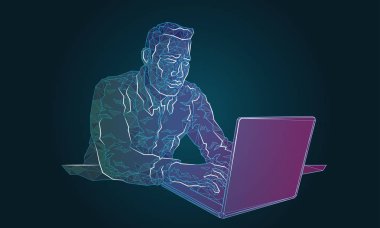 İş adamı bir laptop arkasında çalışan uzman adam