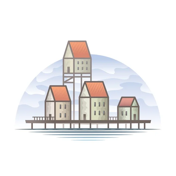 Northern stilt house in the water of a sea river — Stock Illustration Northern stilt house in the water of a sea river Stock Illustration