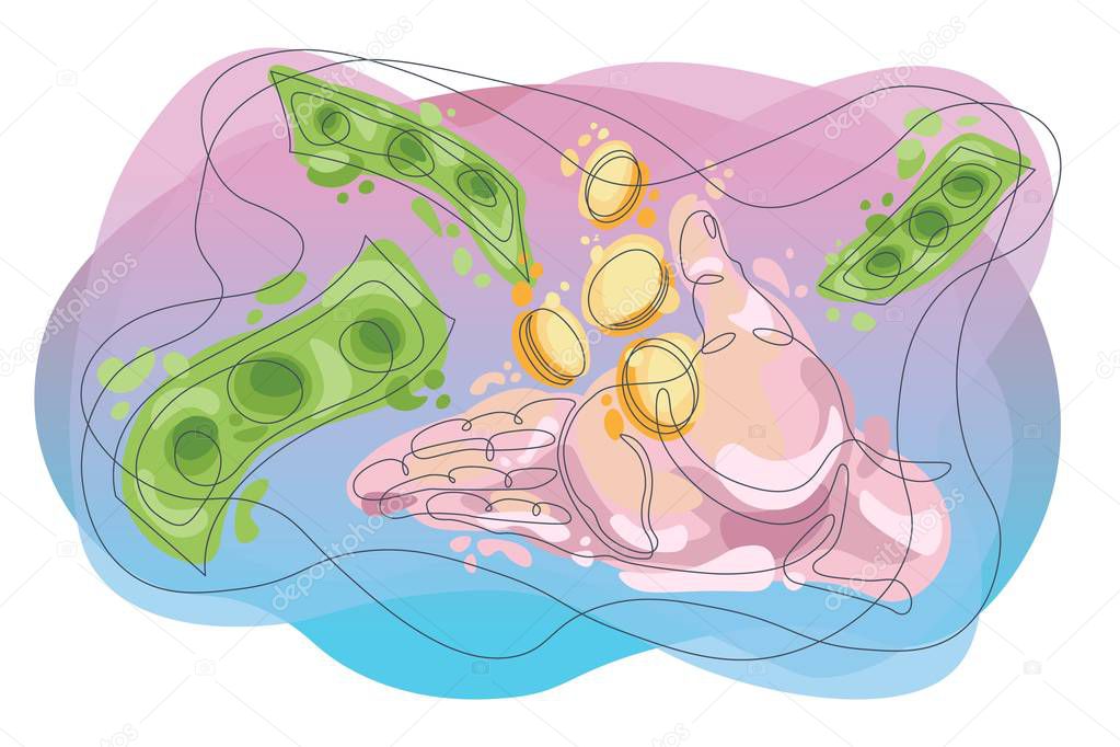  continuous doodle line hand palm with flying coins