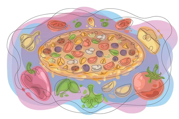 连续涂鸦线食品，意大利，奶酪，比萨饼 — 图库矢量图片