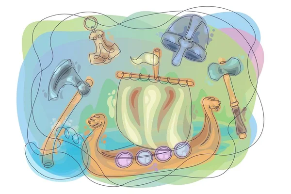Symbolset der Wikingerzeit, Helm, Axt, Bootshaken, Schiff mit Segel, Hammer — Stockvektor