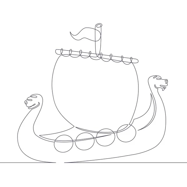 1つの連続した単一の引かれた線の芸術の落書きバイキング船 — ストックベクタ