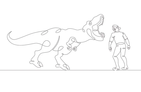 Bir sürekli tek çizilmiş çizgi sanat doodle sanal gerçeklik kask bir adam bir tyrannosaurus dinozor bakar, vr teknolojisi . Yalıtılmış görüntü el çizilmiş — Stok Vektör