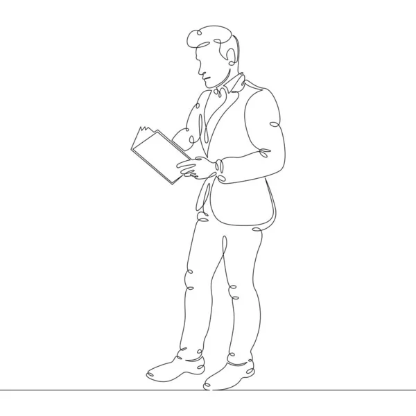 Personaggio maschile che legge un libro. Concetto di istruzione e formazione . — Vettoriale Stock