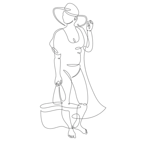 Jeune femme en tunique de plage, chapeau, avec un sac de plage. — Image vectorielle