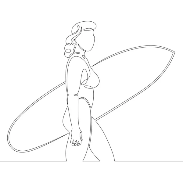 Belle fille mince femme se tient avec une planche de surf — Image vectorielle