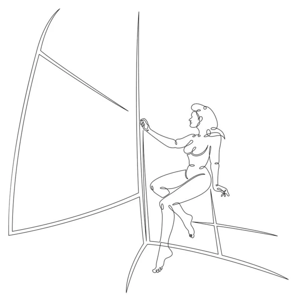 美丽的纤细女子坐在帆下游艇的船头上 — 图库矢量图片