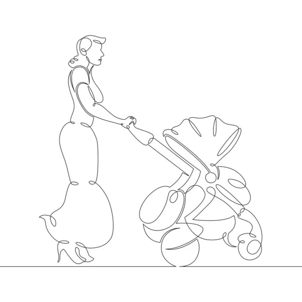 Молодая женщина в платье водит детскую коляску — стоковый вектор