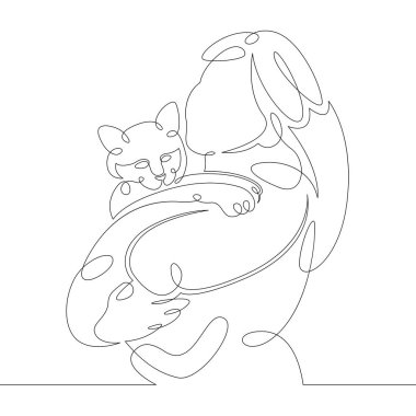 Genç bir kadın el ele tutuşuyor kedi.