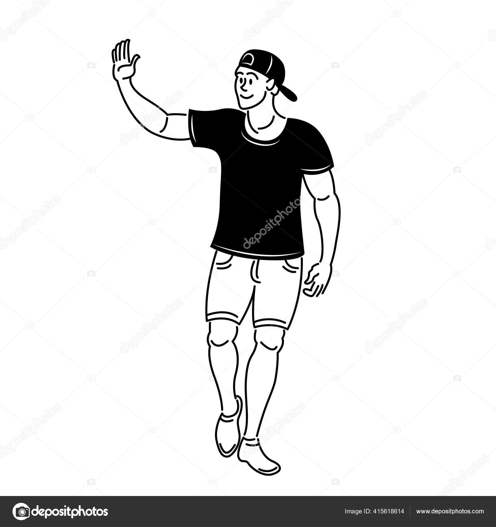 Young man in baseball cap and shorts waving hand Stock Photo by