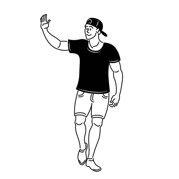 Młody mężczyzna w czapce baseballowej i szortach macha ręką — Zdjęcie stockowe