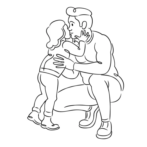 Joven padre varón con un hijo en brazos, abrazos y beso. — Vector de stock