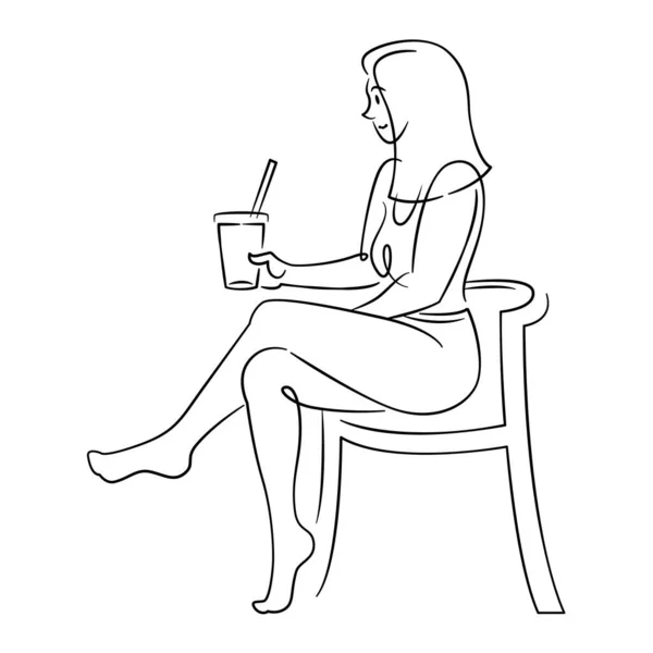 Młoda kobieta siedzi na krześle i pije gorącą kawę w kawiarni.. — Wektor stockowy