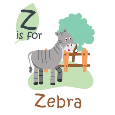 Sevimli Hayvan Alfabesi Serisi. Çocuklar için alfabe hayvanları. Z harfi, zebra. Vektör. çizgi film illüstrasyonu.