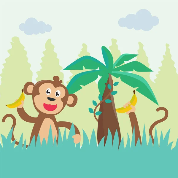 バナナと幸せな猿のイラスト 保育園の壁紙 ポスター カード パンフレットのための創造的なベクトル幼稚な背景 ベクターイラスト背景 — ストックベクタ