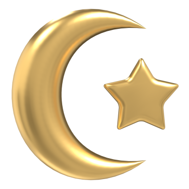 İslami hilal ve yıldız ikonu. Altın Ay ve yıldız 3D ikonu. İslami kavramlar için sembol şekli tasarımı. 3 Boyutlu resimleme