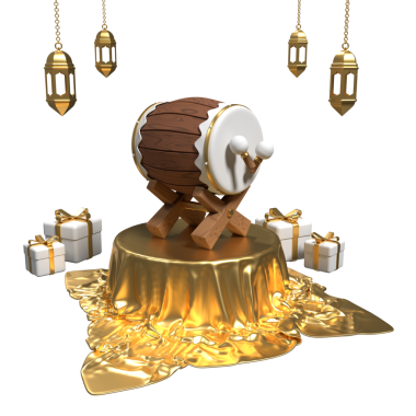 Kürsü, geleneksel davul, Arapça fener ve hediye kutularıyla İslam raamazanı. İslami davul podyumda. 3B görüntüleme