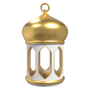Altın fener. Arap lambası. Üç boyutlu fener. Ramazan Kareem için dekorasyon, Bayram Mübareği, İslami Yeni Yıl. 3B resimleme
