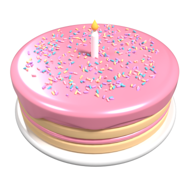 Sevimli doğum günü pastası 3D görüntüsü. Mumlu doğum günü pastası. Mum ve şeker serpiştirilmiş şirin pembe pasta. Pembe pasta ve ayağa kalk.