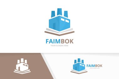 Vektör kitap ve fabrika logo bileşimi. Endüstrideki ve pazardaki simge veya simge. Benzersiz Kitabevi, Kütüphane ve üretim logo tasarım şablonu.