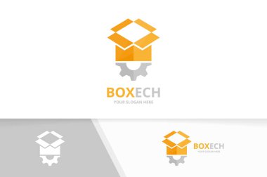 Vektör kutusu ve dişli logo bileşimi. Paket ve mekanik simge veya simge. Benzersiz teslim ve endüstriyel logo tasarım şablonu.