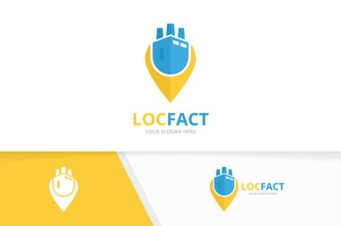 Vektör fabrika ve harita işaretçi logo bileşimi. Sanayi ve gps Konumlandırıcı simge veya simge. Benzersiz üretim ve PIN logo tasarım şablonu.