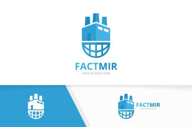 Vektör fabrika ve gezegeni logo bileşimi. Sanayi ve dünya simge veya simge. Benzersiz üretim ve küre logo tasarım şablonu.