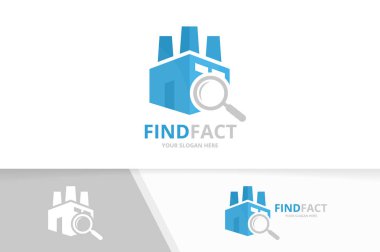 Vektör fabrika ve büyüteç logo bileşimi. Sanayi ve simge veya simge büyütme. Benzersiz üretim ve arama logo tasarım şablonu.