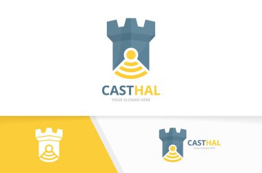 Vektör Kalesi ve wifi logo bileşimi. Kule ve sinyal simge veya simge. Benzersiz kale ve radyo, internet logo tasarım şablonu.