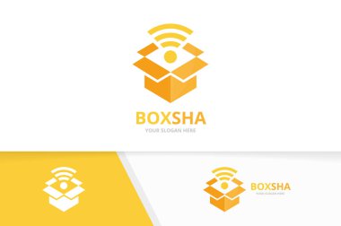 Vektör kutusu ve wifi logo bileşimi. Paket ve sinyal simge veya simge. Benzersiz teslim ve radyo, internet logo tasarım şablonu.