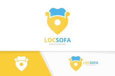 Vektör kanepe ve harita işaretçi logo bileşimi. Kanepe ve gps Konumlandırıcı simge veya simge. Benzersiz koltuk ve PIN logo tasarım şablonu.