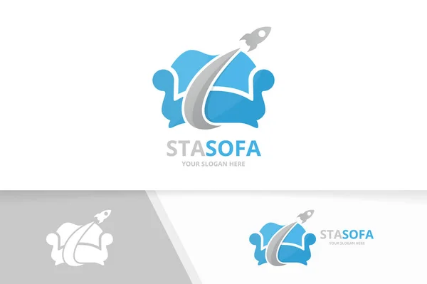 Vector sofa en raket logo-combinatie. Bank en vliegtuig symbool of pictogram. Unieke leunstoel en vlucht logo ontwerpsjabloon. — Stockvector