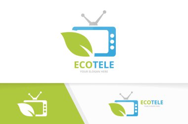 Vektör tv ve yaprak logo bileşimi. Televizyon ve Eko simge veya simge. Yegane kitle iletişim araçları ve organik logo tasarım şablonu.