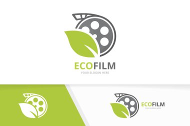 Vektör film ve yaprak logo bileşimi. Sinema ve Eko simge veya simge. Benzersiz film ve organik logo tasarım şablonu.