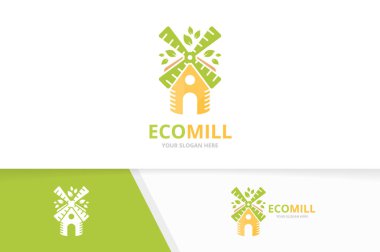 Vektör değirmen ve yaprak logo bileşimi. Çiftlik ve Eko simge veya simge. Benzersiz yel değirmeni ve organik logo tasarım şablonu.