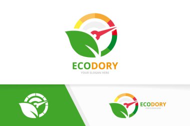 Vektör hız göstergesi ve yaprak logo bileşimi. Takometre ve Eko simge veya simge. Benzersiz speedo ve organik logo tasarım şablonu.