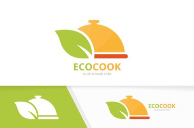 Vektör çanak ve yaprak logo bileşimi. Plaka ve Eko simge veya simge. Benzersiz mutfak ve organik logo tasarım şablonu.