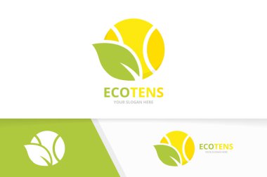 Vektör tenis ve yaprak logo bileşimi. Oyun ve Eko simge veya simge. Benzersiz top ve organik logo tasarım şablonu.