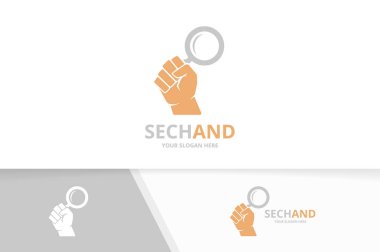 Vektör yumruk ve büyüteç logo bileşimi. El ve simge veya simge büyütme. Benzersiz protesto ve arama logo tasarım şablonu.