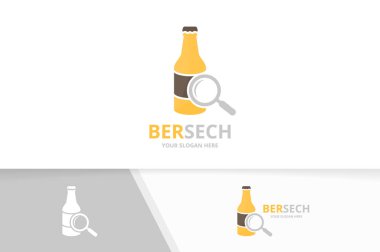 Vektör şişe ve büyüteç logo bileşimi. Bira ve simge veya simge büyütme. Benzersiz alkol ve arama logo tasarım şablonu.