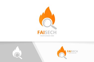 Vektör yangın ve büyüteç logo bileşimi. Alev ve simge veya simge büyütme. Benzersiz meşale ve arama logo tasarım şablonu.