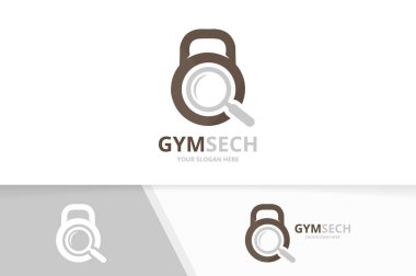 Vektör spor ve büyüteç logo bileşimi. Spor salonu ve simge veya simge büyütme. Benzersiz fitness ve arama logo tasarım şablonu.