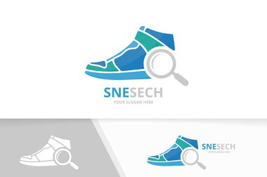 Vektör spor ayakkabı ve büyüteç logo bileşimi. Ayakkabı ve simge veya simge büyütme. Benzersiz Ayakkabı ve arama logo tasarım şablonu.