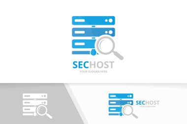 Vektör ana bilgisayar ve büyüteç logo bileşimi. Sunucu ve simge veya simge büyütme. Benzersiz veri ve arama logo tasarım şablonu.