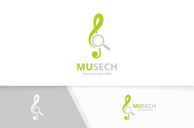 Vektör tiz nota anahtarı ve büyüteç logo bileşimi. Müzik ve simge veya simge büyütme. Benzersiz ses ve arama logo tasarım şablonu.