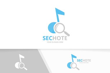 Vektör Not ve büyüteç logo bileşimi. Müzik ve simge veya simge büyütme. Benzersiz ses ve arama logo tasarım şablonu.
